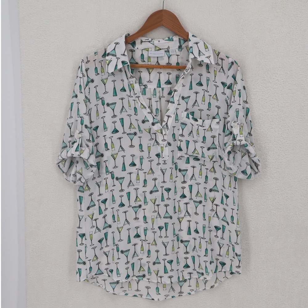 New York & Company Cocktail Print Button Top Womens Size M White Roll Tab Sleeve